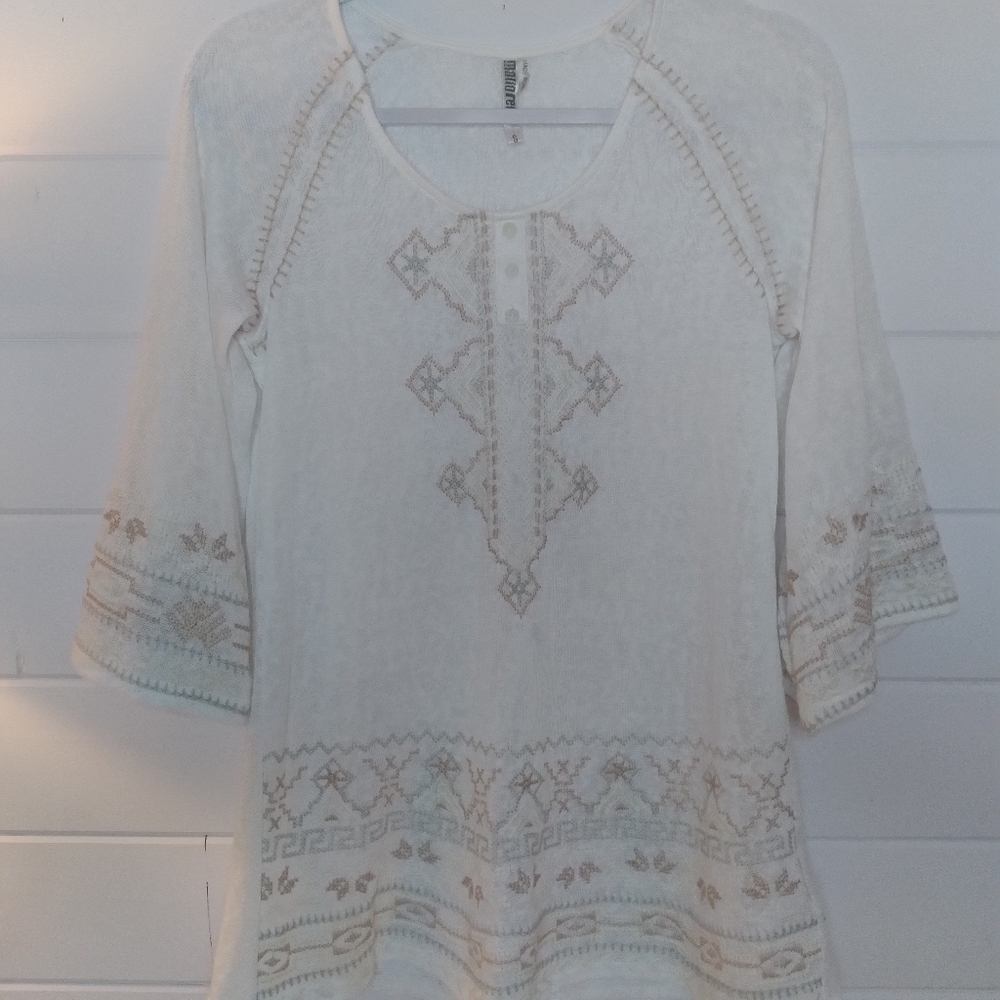 Embroidered Boho Top with Wide 3/4 Sleeves Textured Material Semi Sheer Blouse